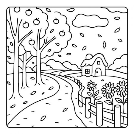 Cozy autumn road coloring page for adults – fall leaves, apple trees, countryside cottage