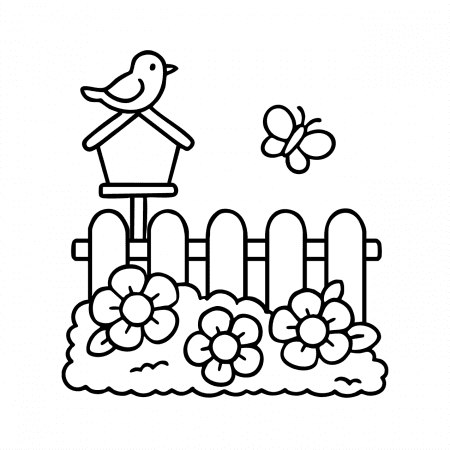 Birdhouse with flowers and butterfly – cute spring coloring page