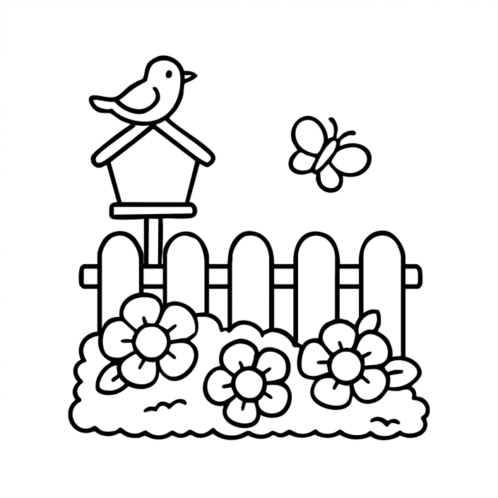 Birdhouse with flowers and butterfly – cute spring coloring page