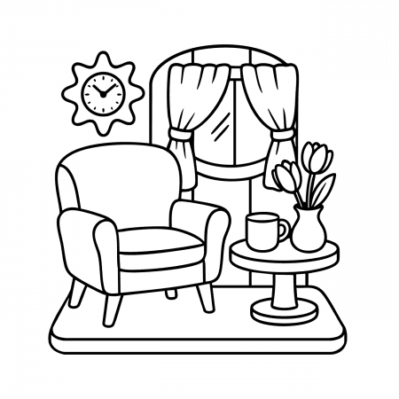 Cozy living room with armchair and coffee table coloring page
