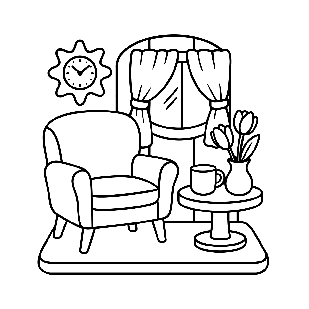 Cozy living room with armchair and coffee table coloring page