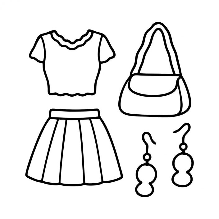 Skirt and top outfit with earrings and bag – fashion coloring page