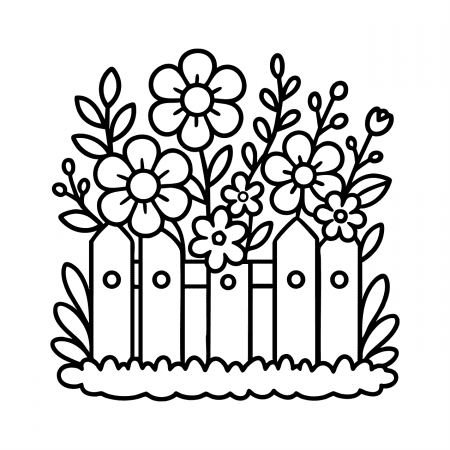 Flower garden with cute wooden fence coloring page