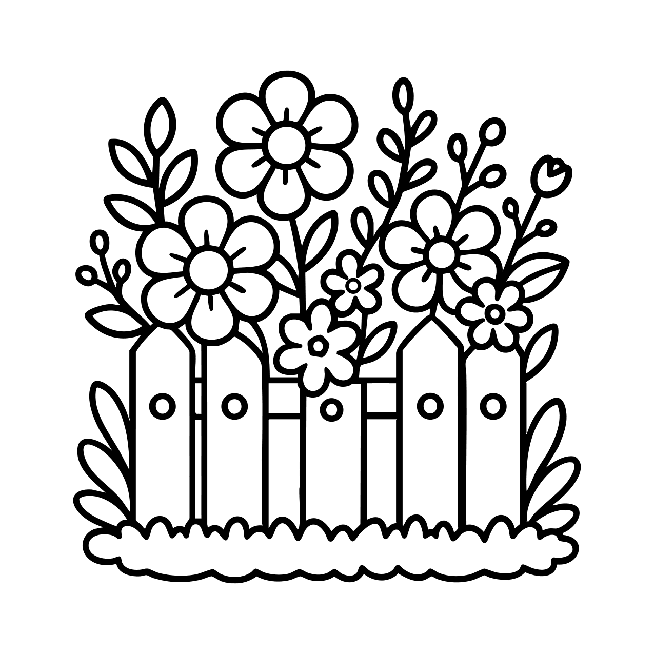 Flower garden with cute wooden fence coloring page