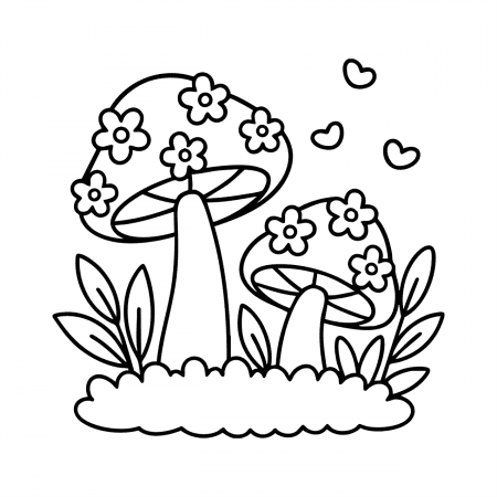 Forest mushrooms with flowers and hearts – whimsical nature page