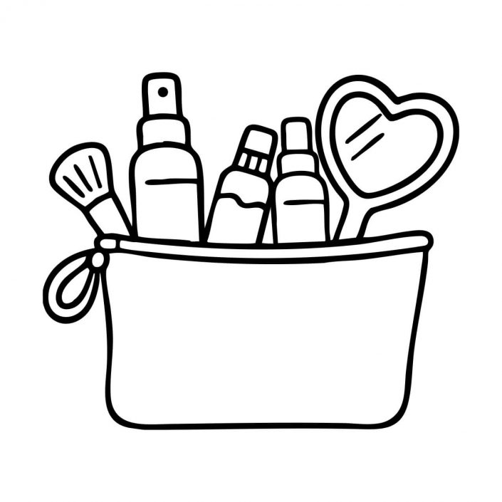 Makeup bag filled with beauty products – self-care coloring page
