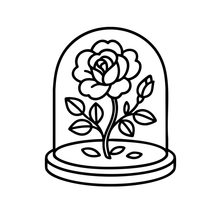 Glass dome with a single rose – enchanted flower coloring page