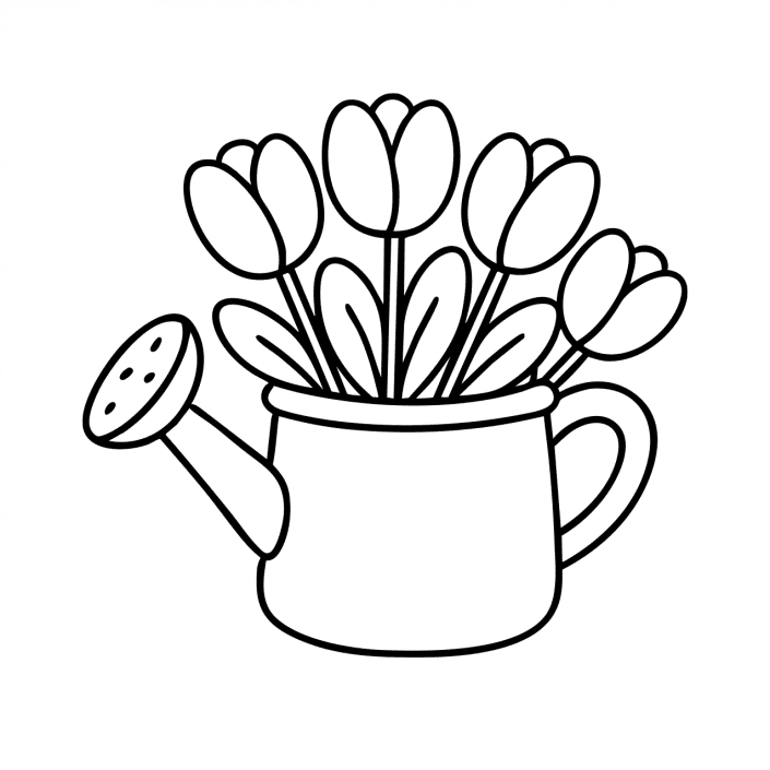 Watering can filled with tulips – floral coloring page