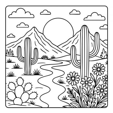 Desert coloring page with cacti, mountains, and wildflowers