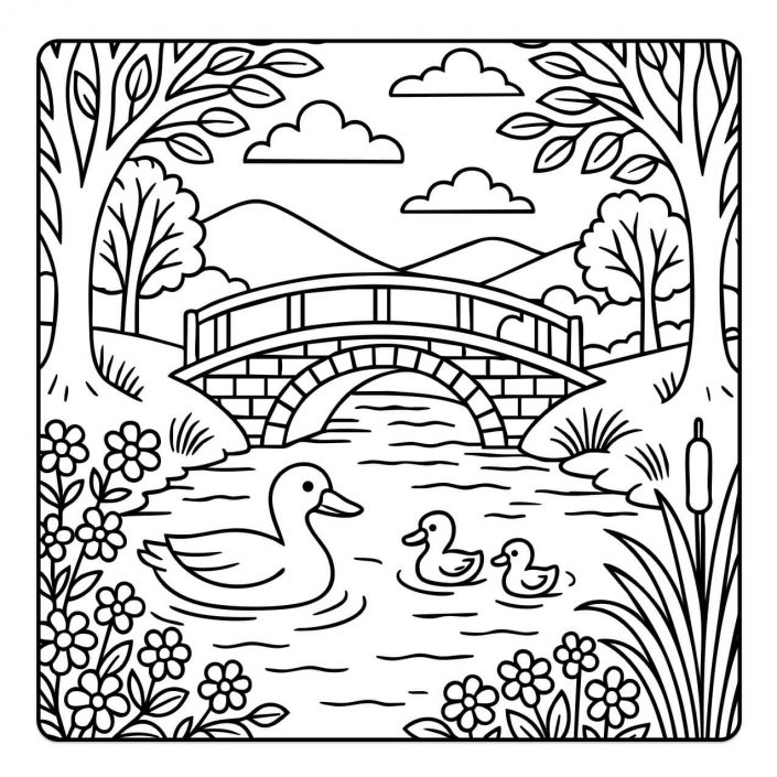 Duck family swimming under bridge in pond – wildlife coloring page