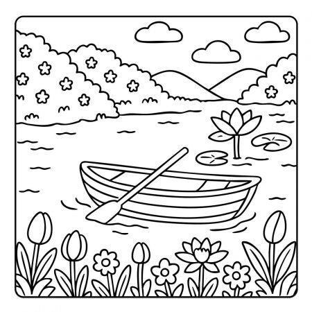 Printable coloring page with lake, rowboat, and flowers