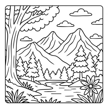 Mountain forest scene with trees and river – printable coloring page