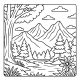 Mountain forest scene with trees and river – printable coloring page
