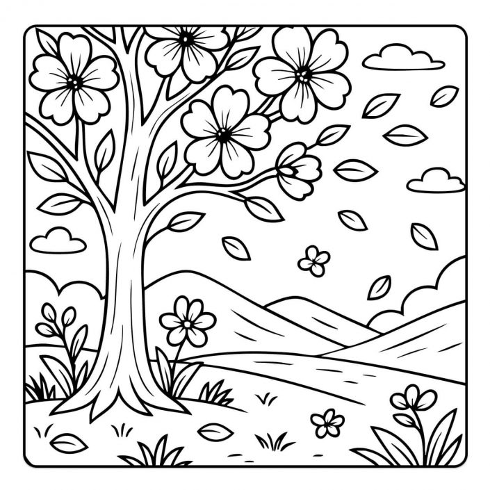 Spring blossom tree with falling petals – floral coloring page for adults