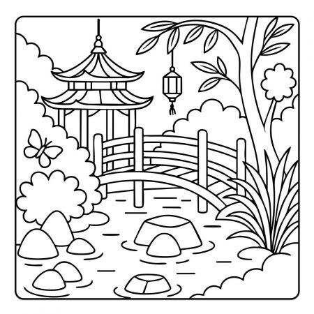 Free printable zen coloring page with bridge and lantern in a tranquil garden