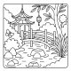Free printable zen coloring page with bridge and lantern in a tranquil garden