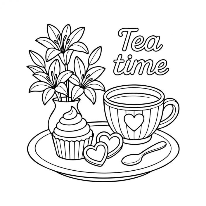 Tea time scenes with cupcake, heart cookies, teacup, and lilies in a vase