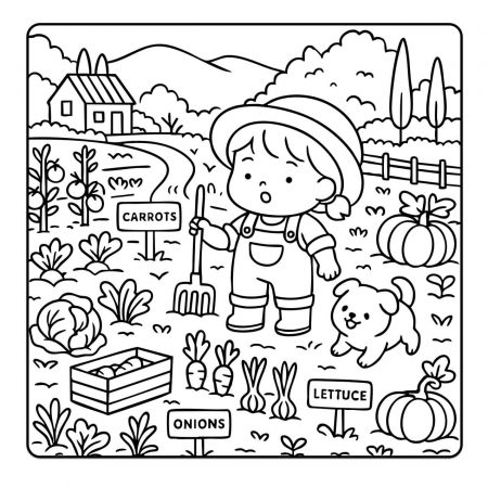 Kawaii girl gardening with puppy and flowers – relaxing coloring page