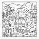 Kawaii girl gardening with puppy and flowers – relaxing coloring page