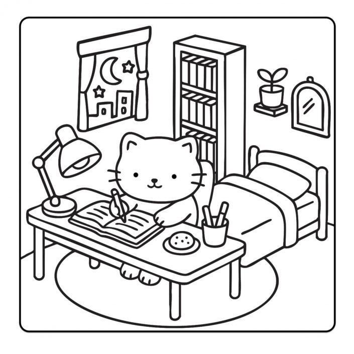 Kawaii cat studying at night – cozy adult coloring scene