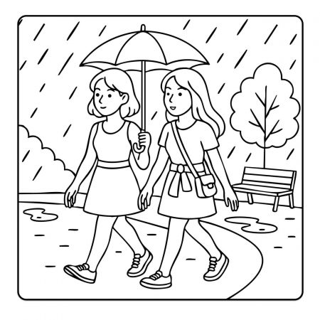 Kawaii girls walking in rain under umbrella – cozy coloring for adults