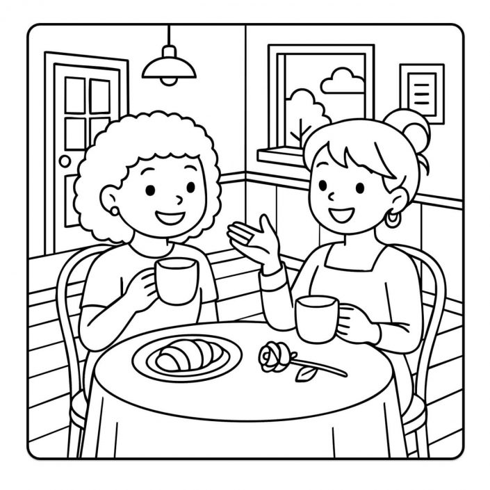 Two girls chatting at a café table – kawaii cozy coloring for adults