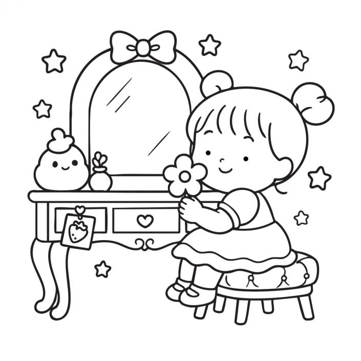 Kawaii girl at vanity with flower and plush – cute indoor coloring scene