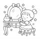 Kawaii girl at vanity with flower and plush – cute indoor coloring scene