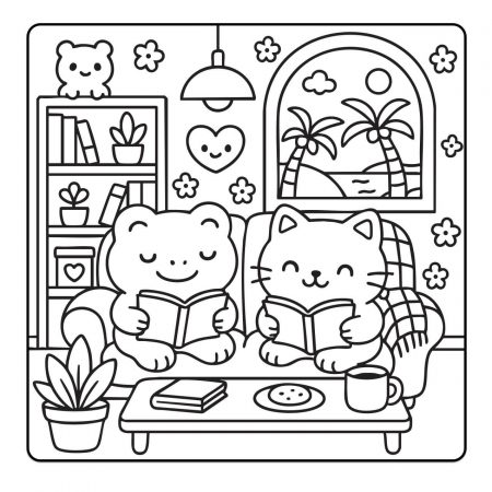 Frog and cat reading on couch – cozy indoor coloring page for adults