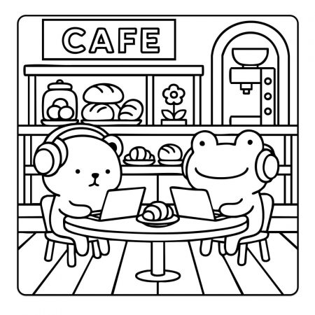 Frog and cat using laptops in café – kawaii indoor coloring page