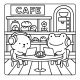Frog and cat using laptops in café – kawaii indoor coloring page