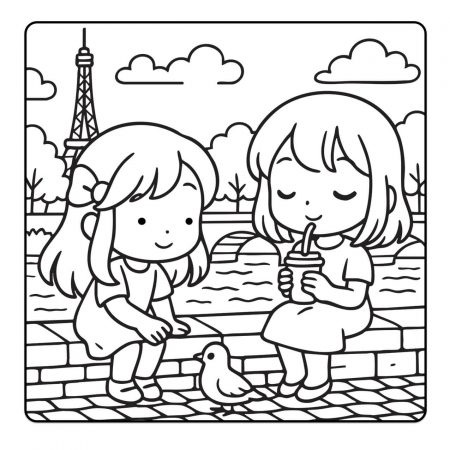 Girls sitting by Paris river with drink and pigeon – kawaii travel coloring page