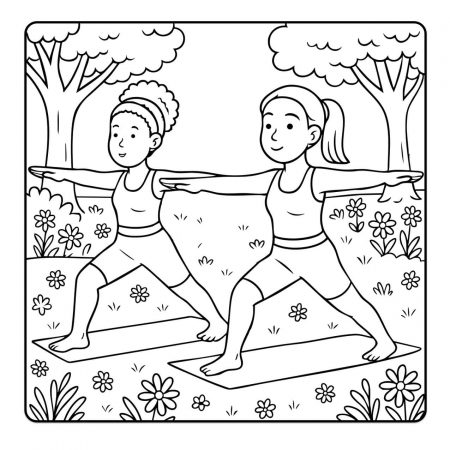 Kawaii women doing yoga in floral park – relaxing adult coloring page