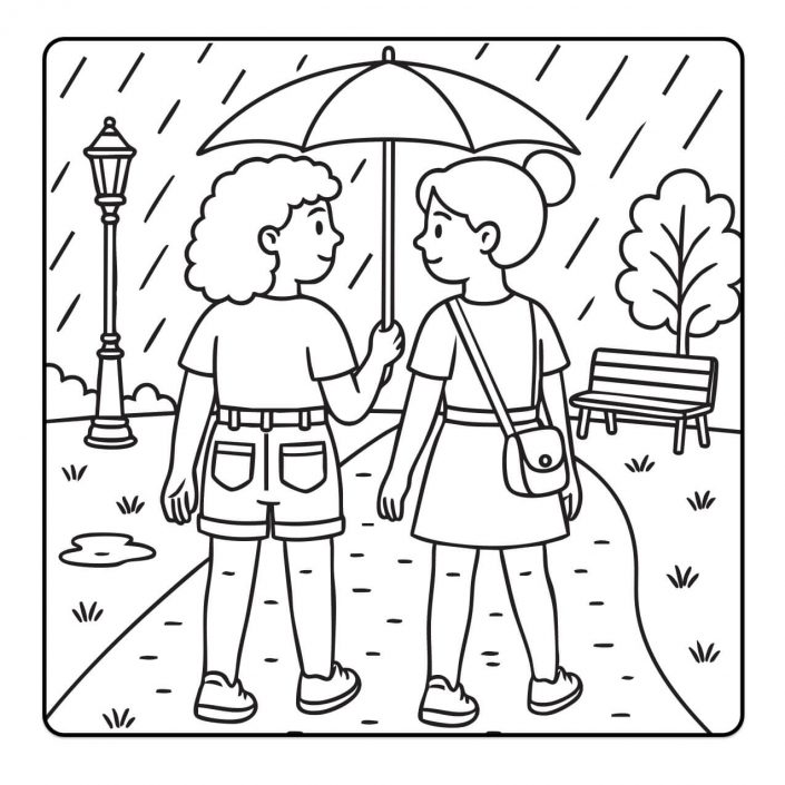 Girls from back view walking in rain with umbrella – cozy coloring scene