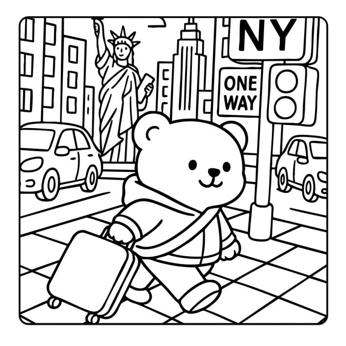 Kawaii bear with suitcase in New York City – travel coloring page