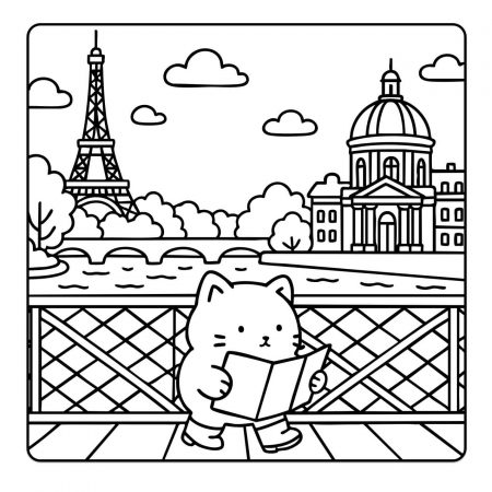 Cat reading map on Paris bridge – kawaii city coloring page