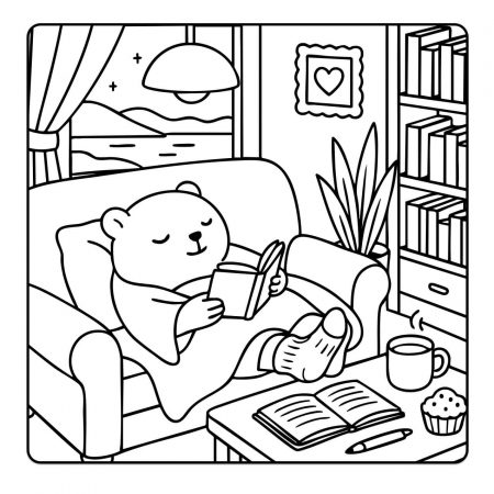 Kawaii bear reading at night – cozy bedtime coloring for adults