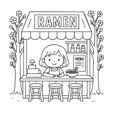 Kawaii ramen stand with girl and food counter – cozy coloring for adults