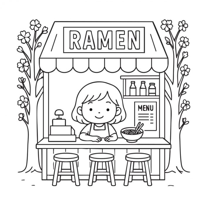 Kawaii ramen stand with girl and food counter – cozy coloring for adults