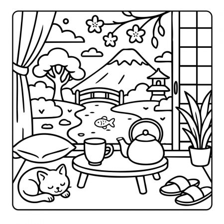 Tea set on balcony with cushions, slippers, plants, and mountain view