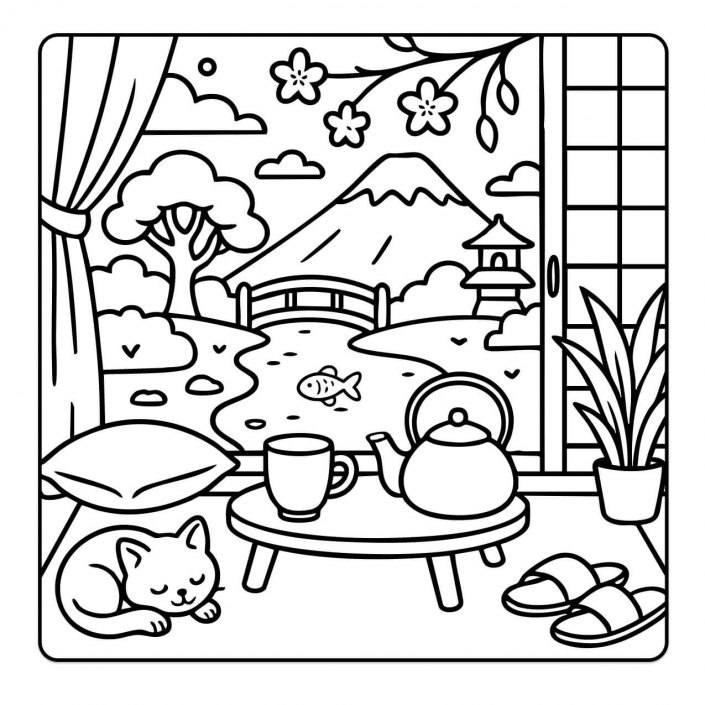 Tea set on balcony with cushions, slippers, plants, and mountain view