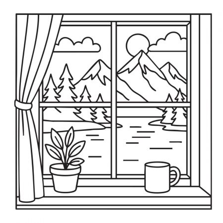 Mountain view through window with mug and houseplants