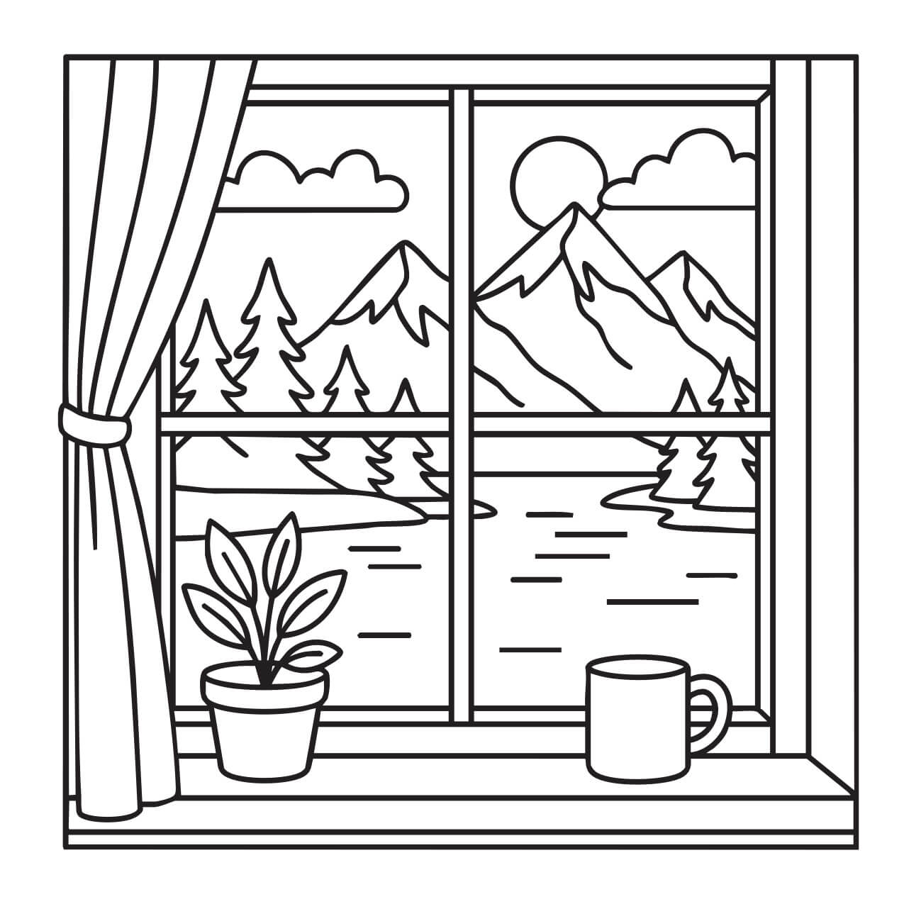 Mountain view through window with mug and houseplants