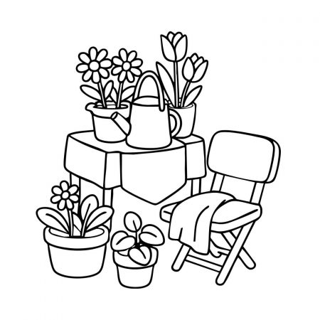 Potted tulips on chair with stacked linens and plants