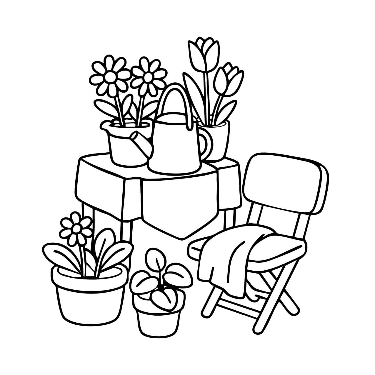 Potted tulips on chair with stacked linens and plants