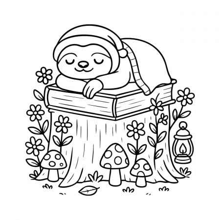 Sleepy sloth napping on book over tree stump surrounded by flowers