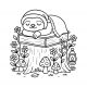 Sleepy sloth napping on book over tree stump surrounded by flowers