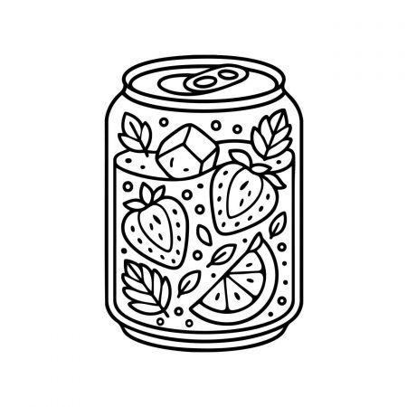 Soda can with strawberries, citrus slices, mint leaves and ice cubes