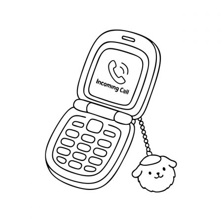Flip phone showing incoming call with a fluffy charm