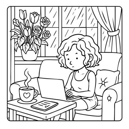 Woman using laptop on couch beside window and coffee mug